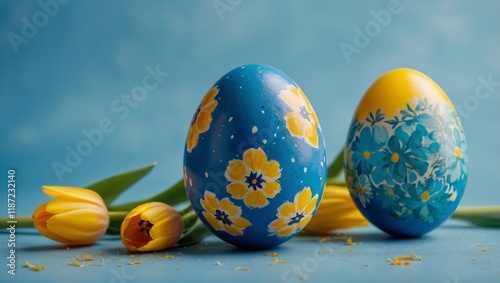 Colorful Easter eggs with yellow Tulip hand painted on a blue background. Holiday spring card