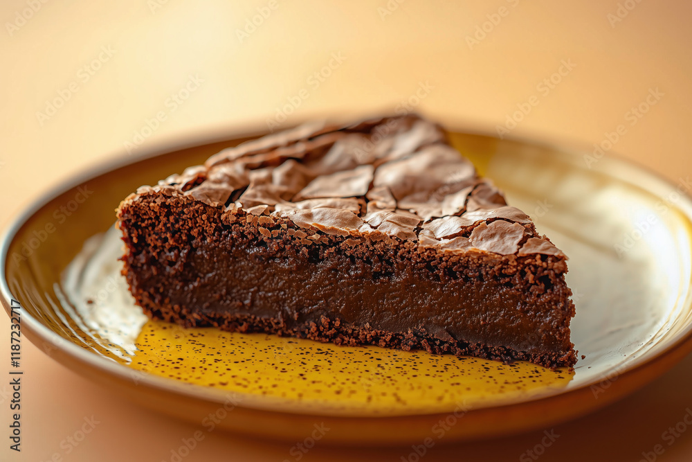 Extreme close-up of a decadent flourless chocolate brownie featuring a signature crackly top and velvety fudge center. Professional food styling showcases the rich, moist texture and glossy chocolate