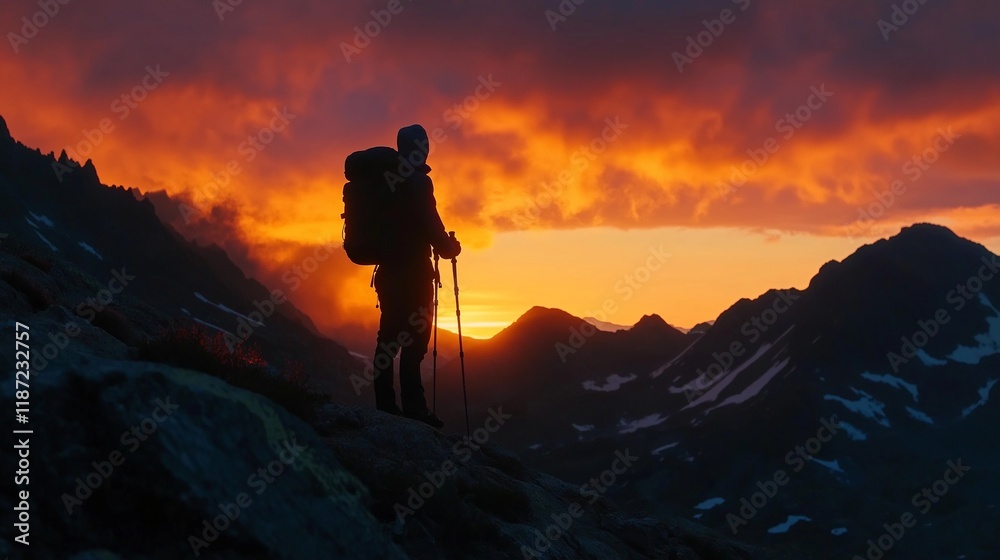hiker silhouetted against the setting sun on a high mountain ridge, with clouds glowing orange and pink hiker silhouetted against the setting sun on a high mountain ridge, with clouds glowing orange and pink