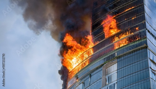 A scene of a high-rise building's exterior wall on fire, glass windows broken, red flames and black smoke rising
