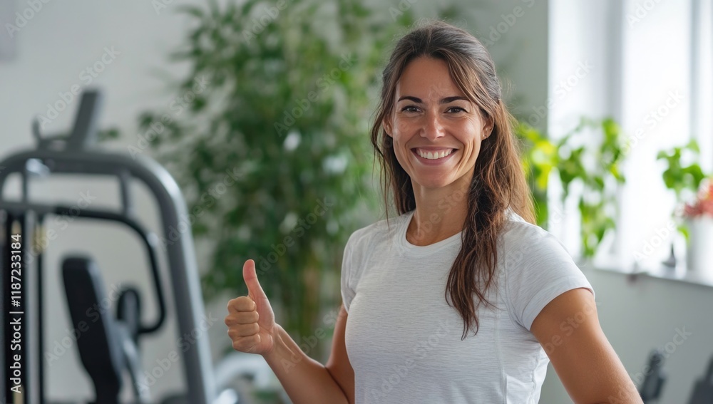 A young woman smiles confidently while giving a thumbs-up in a well-lit gym filled with plants. Her expression radiates determination and joy. A young woman smiles confidently while giving a thumbs-up in a well-lit gym filled with plants. Her expression radiates determination and joy.