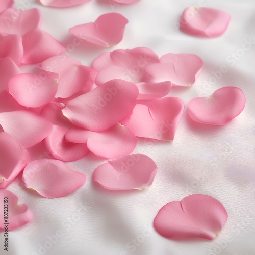 Pink rose petals scattered on white silk fabric, romantic background, wedding or spa backdrop