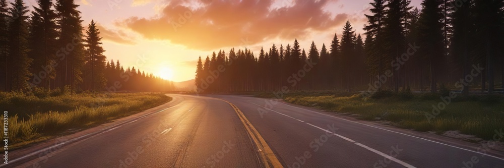 Spectacular sunset over race track in the heart of the forest, trees, forest, landscape, race track, outdoor activity Spectacular sunset over race track in the heart of the forest, trees, forest, landscape, race track, outdoor activity