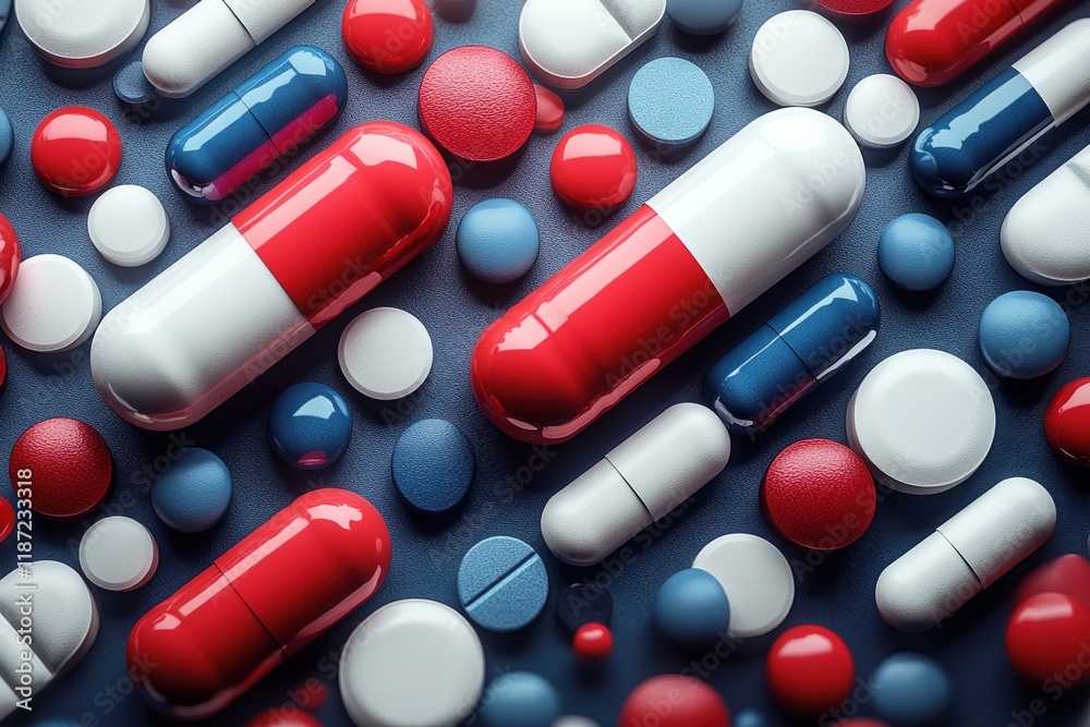 Colorful pharmaceutical capsules and tablets arranged artistically on a surface Colorful pharmaceutical capsules and tablets arranged artistically on a surface