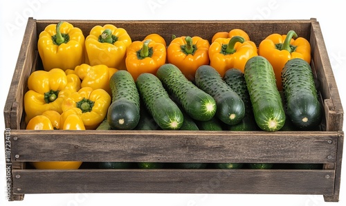 Fresh peppers and cucumbers in wooden crate photo