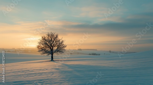 A lone tree standing in a snow-covered field at sunrise,