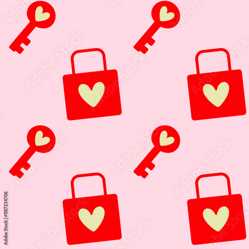 Design featuring red hearts, keys, and locks on a pink background for romantic themes