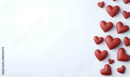 Red hearts scattered on white background, copy space, Valentine's Day, romantic design, website banner photo