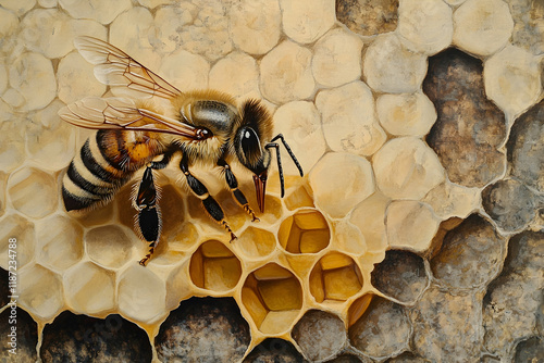 Honeybee working diligently on a honeycomb, illustrating the beauty of naturea??s process photo