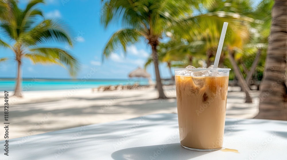 Iced coffee topped with coconut chips rests by a starfish, set against a beautiful beach background on a sunny day. Iced coffee topped with coconut chips rests by a starfish, set against a beautiful beach background on a sunny day.