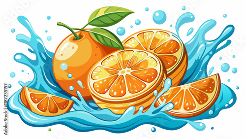 A cut orange and mandarin in the air in water with drips and splashes flying on a white background.