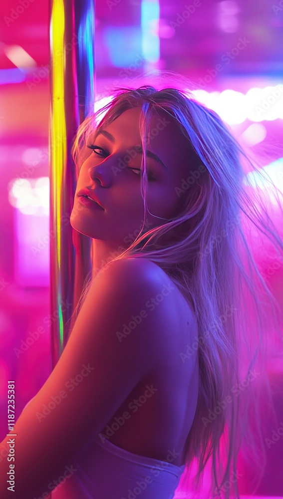 A skilled performer showcases their talent on a pole, surrounded by colorful neon lights that create an electrifying ambiance. The movement is expressive, capturing both strength and grace A skilled performer showcases their talent on a pole, surrounded by colorful neon lights that create an electrifying ambiance. The movement is expressive, capturing both strength and grace