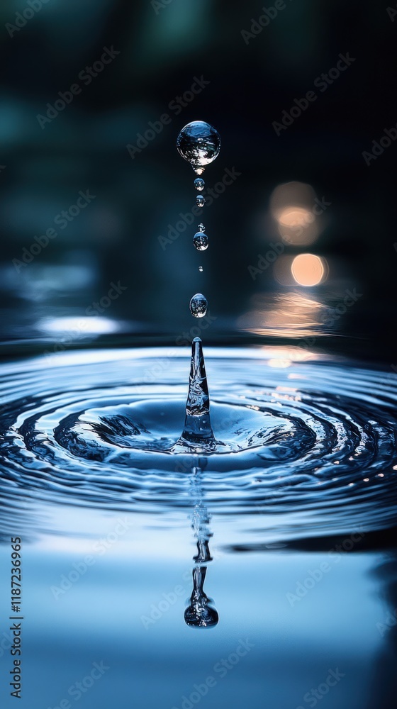 Water droplet falling, creating concentric ripples on a calm water surface. Water droplet falling, creating concentric ripples on a calm water surface.