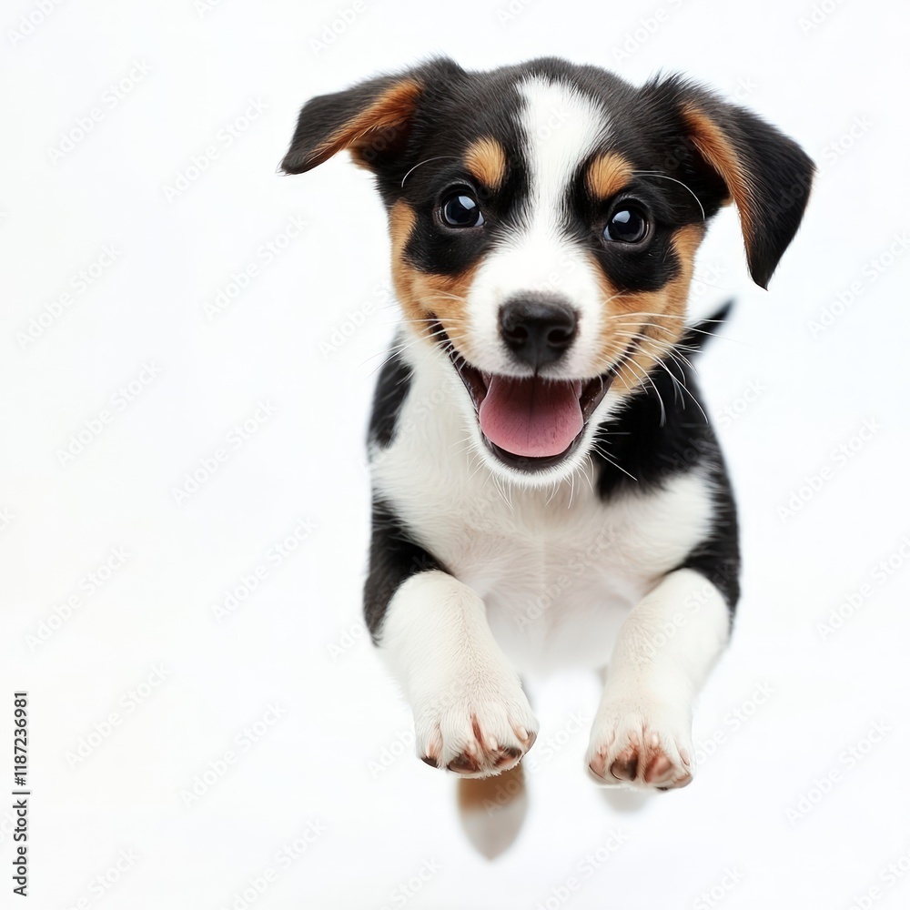 Puppy running toward the camera, full-body view, happy expression, bright background, copy space on the left Puppy running toward the camera, full-body view, happy expression, bright background, copy space on the left