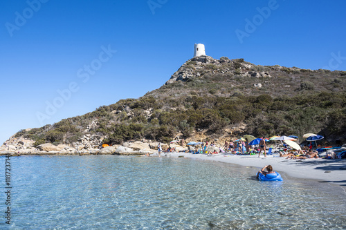 vIllasimius, Italy - 09-05-2024: the beautiful Cala Porto Giunco ​​beach in Villasimius with white sand and crystal clear water