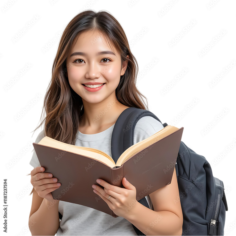 Smiling Young Asian Woman Student Reading Book, Happy Education Concept, Backpack, Brown Textbook, Positive Lifestyle, Academic Success, University, Smiling Young Asian Woman Student Reading Book, Happy Education Concept, Backpack, Brown Textbook, Positive Lifestyle, Academic Success, University,