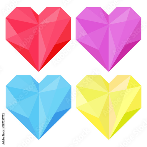 A vibrant set of geometric crystal hearts in red, pink, blue, and yellow, featuring a faceted polygonal design. For Valentine's Day, wedding decor, greeting cards, or modern digital projects