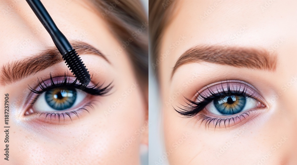 Naklejka premium Liquid eyeliner stroke, Dual close-up of woman's eyes highlighting liquid eyeliner application and beautifully styled lashes, bright lighting,