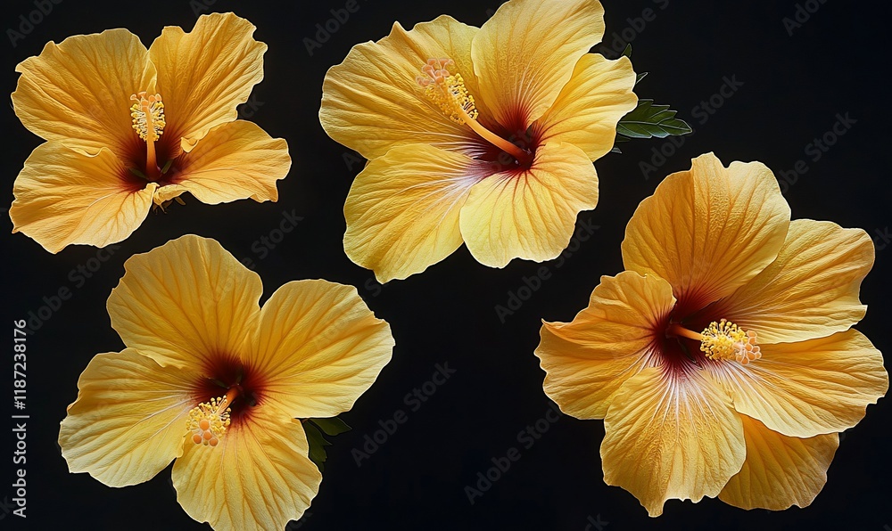 custom made wallpaper toronto digitalFour vibrant yellow hibiscus flowers on dark background.  Possible use nature, botanical, floral, background