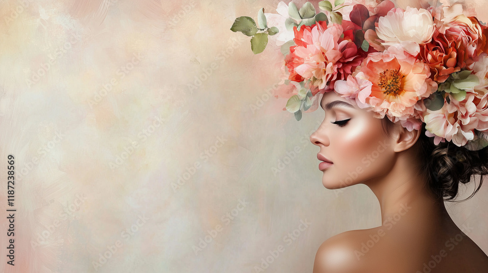 Fototapeta premium Dreamlike Portrait of Woman with Floral Headpiece and Pastel Background