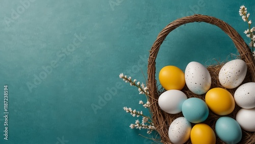 Easter concept. Top view photo of easter bunny ears yellow white eggs on isolated teal background with copy space