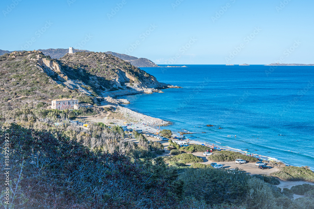 VIllasimius, Italy - 09-05-2024: Capo Carbonaia Beach in Villasimius, Sardinia