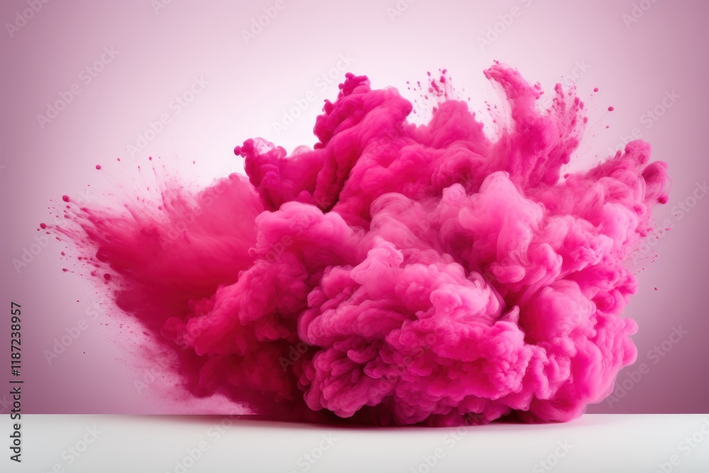 Vibrant pink powder erupts artistically creating a striking cloud against a soft background in a creative project Vibrant pink powder erupts artistically creating a striking cloud against a soft background in a creative project