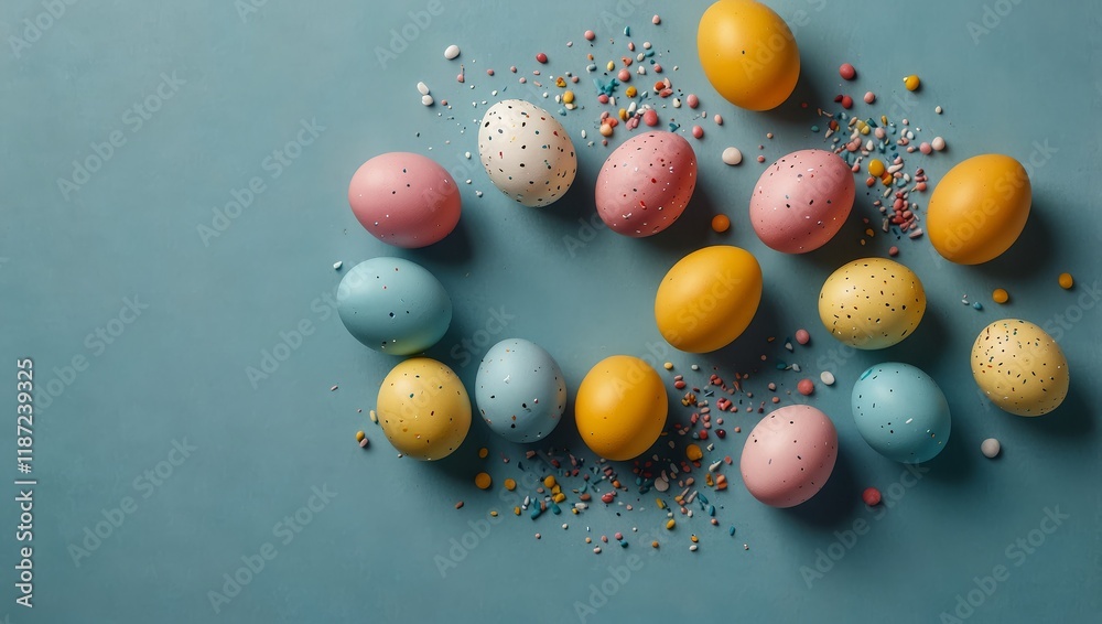 Easter decor concept. Top view photo of ordered composition white circle yellow blue pink easter eggs Easter decor concept. Top view photo of ordered composition white circle yellow blue pink easter eggs