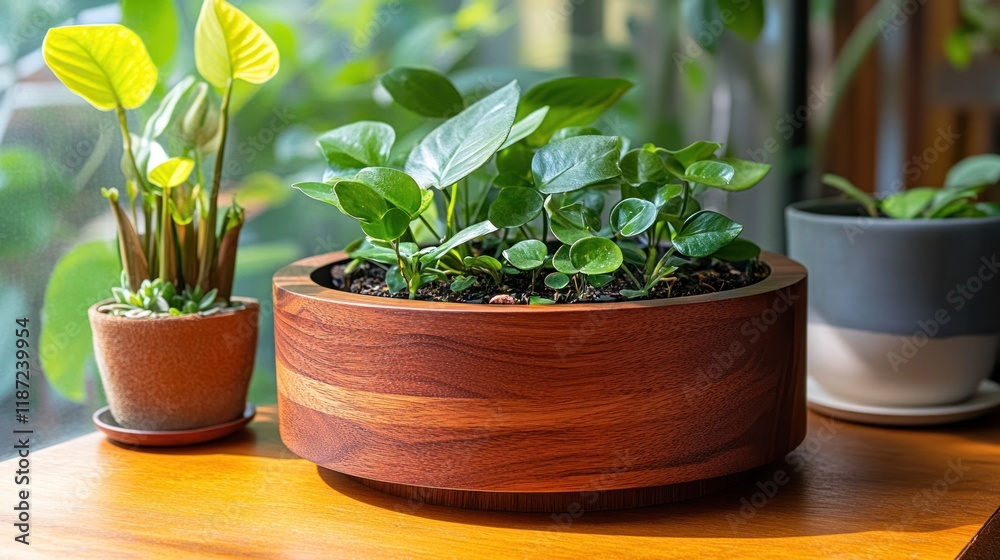 Fototapeta premium Indoor plants in a wooden planter on a table by sunny window.