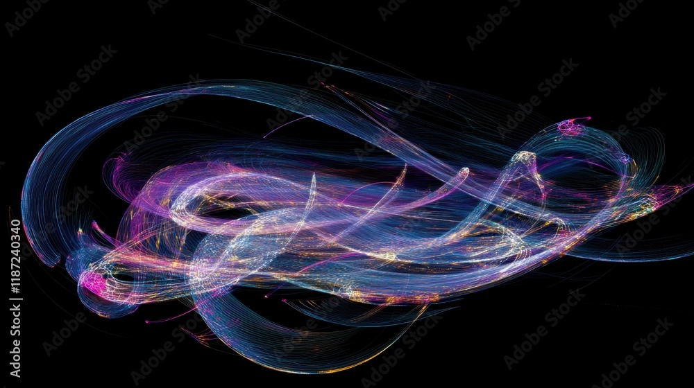 Obraz premium Neon light trails in wave patterns with neural network nodes