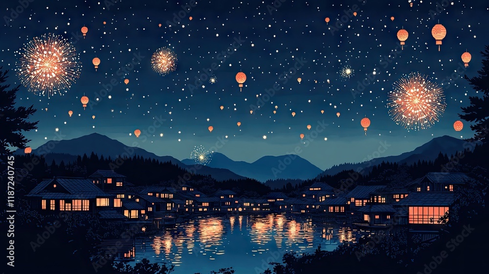 Fireworks and lanterns over lakeside village at night. Fireworks and lanterns over lakeside village at night.