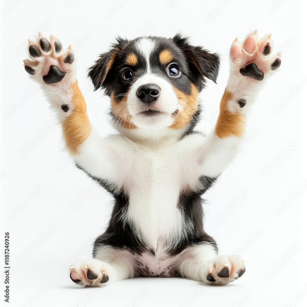 Fototapeta premium Puppy with paws stretched out, full-body view, playful expression, soft background, copy space on the right
