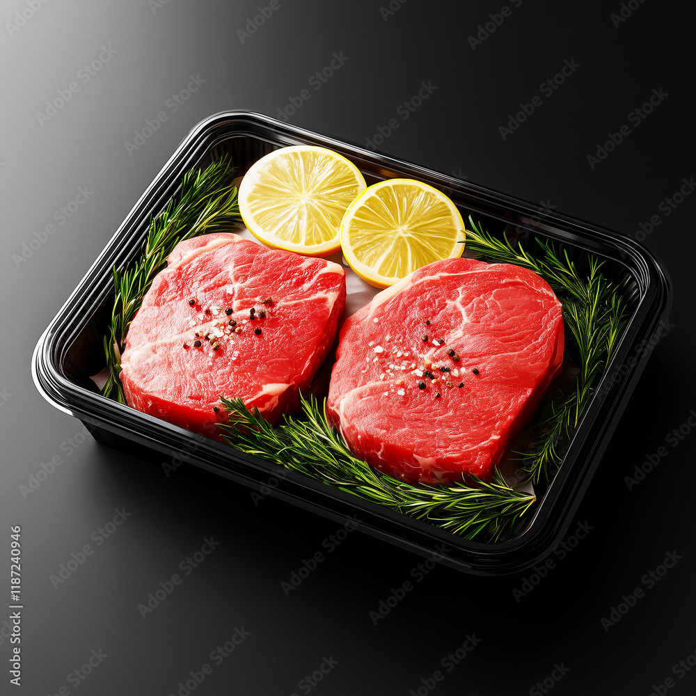 Premium Marbled fresh raw beef steaks, in a black container, garnished with fresh parsley for presentation, for the freshness and quality of the meat Premium Marbled fresh raw beef steaks, in a black container, garnished with fresh parsley for presentation, for the freshness and quality of the meat