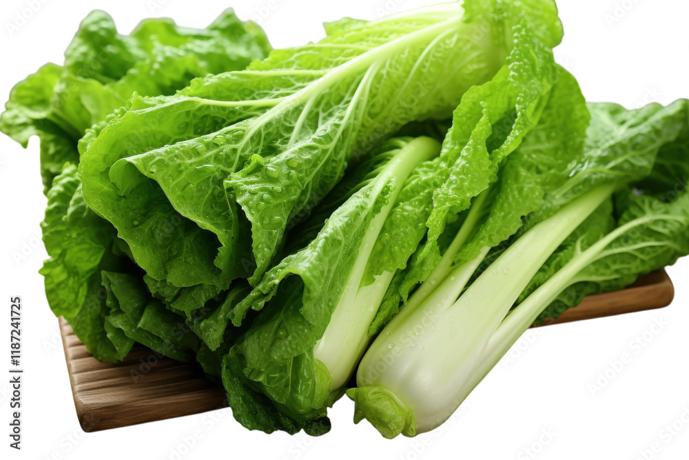 Fresh romaine lettuce and bok choy arranged on a wooden cutting board in a well-lit kitchen setting Fresh romaine lettuce and bok choy arranged on a wooden cutting board in a well-lit kitchen setting
