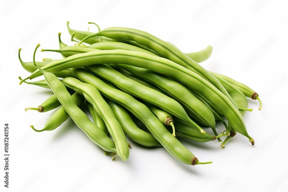 Fresh green beans displayed on a white surface showcasing their color and texture for culinary inspiration Fresh green beans displayed on a white surface showcasing their color and texture for culinary inspiration