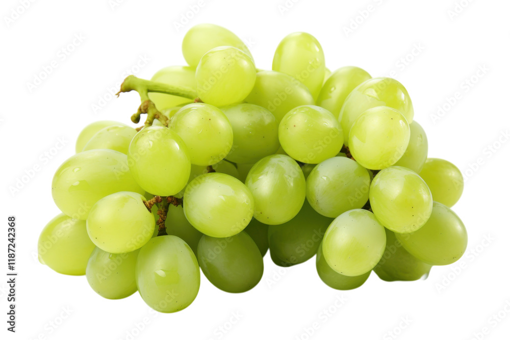 Fresh green grapes displayed on a white background showcasing their juicy, plump appearance Fresh green grapes displayed on a white background showcasing their juicy, plump appearance