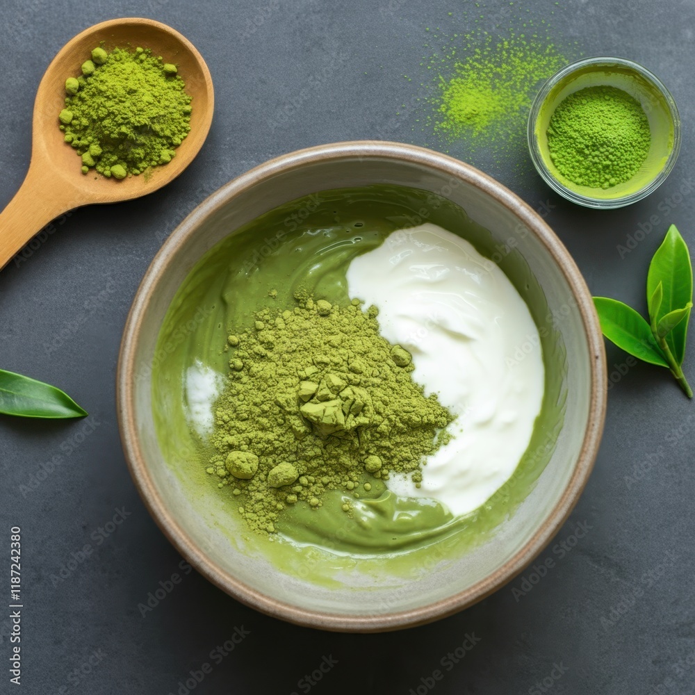 Green tea products, Matcha powder, Bamboo whisk, Glass bottle, White ceramic bowls, Wooden spoon, Minimalist composition, Pastel green background, Overhead view, Japanese tea ceremony, Organic skincar Green tea products, Matcha powder, Bamboo whisk, Glass bottle, White ceramic bowls, Wooden spoon, Minimalist composition, Pastel green background, Overhead view, Japanese tea ceremony, Organic skincar