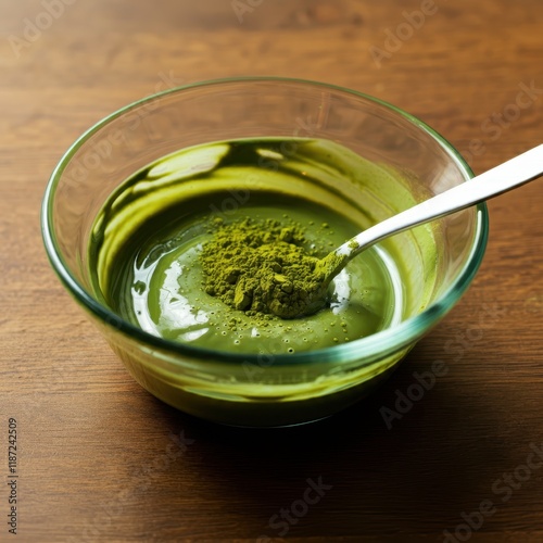 Green tea products, Matcha powder, Bamboo whisk, Glass bottle, White ceramic bowls, Wooden spoon, Minimalist composition, Pastel green background, Overhead view, Japanese tea ceremony, Organic skincar photo