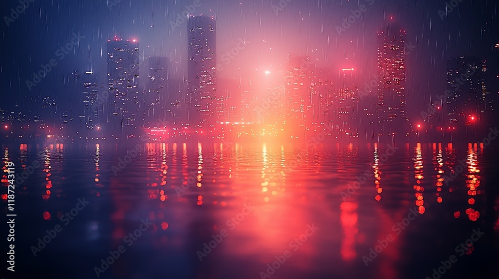 Fototapeta premium Rainy night cityscape reflected in water.