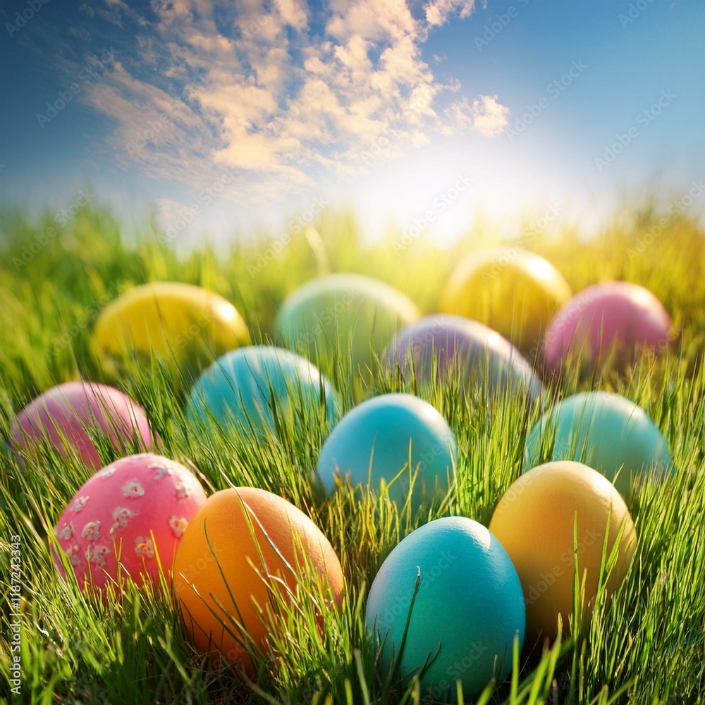 A colorful Easter egg hunt in a grassy field A colorful Easter egg hunt in a grassy field