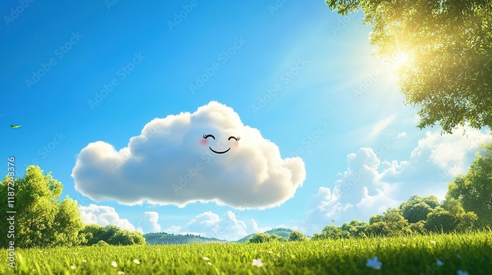 Fototapeta premium Happy smiling cloud floats over sunny green field.