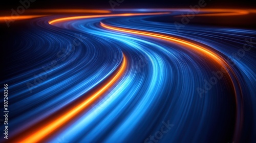 Glowing light trails streak across a dark background, suggesting speed and motion.