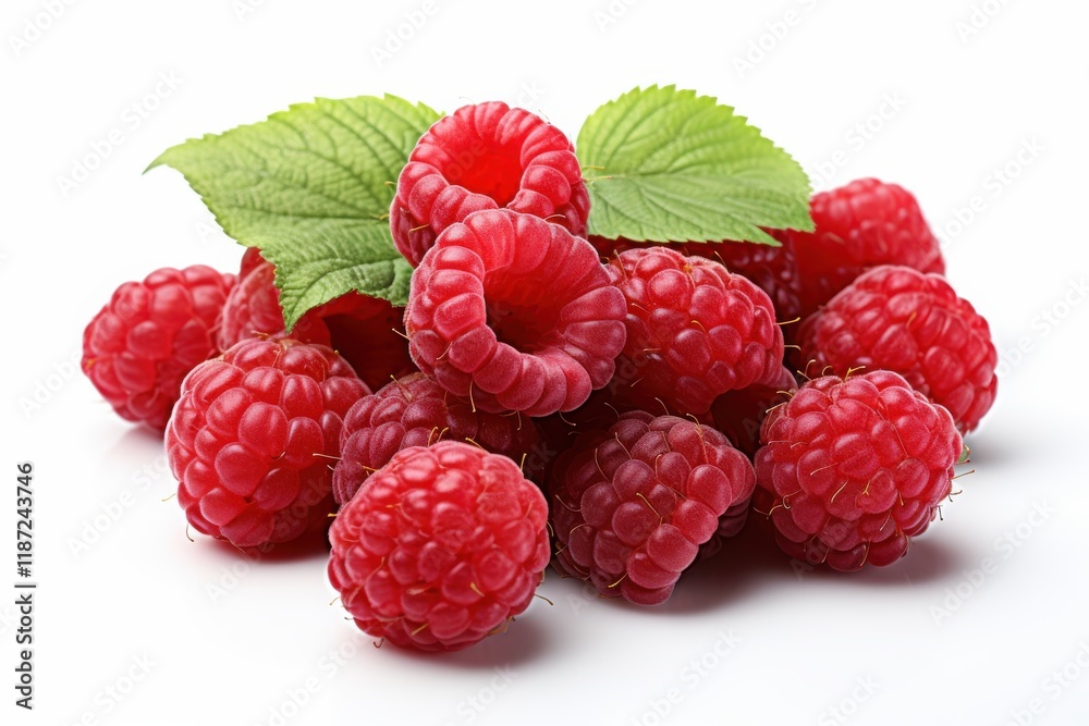 Fresh raspberries with vibrant green leaves arranged on a white background for culinary use or dessert preparation Fresh raspberries with vibrant green leaves arranged on a white background for culinary use or dessert preparation