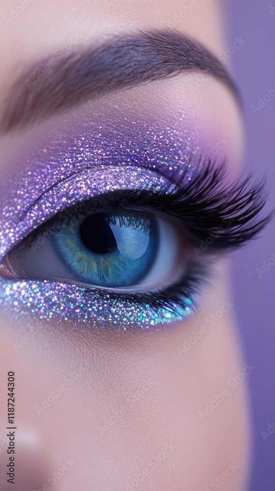 Fototapeta premium Close-Up of Glittery Purple Eyeshadow and Long Lashes on Blue Eye