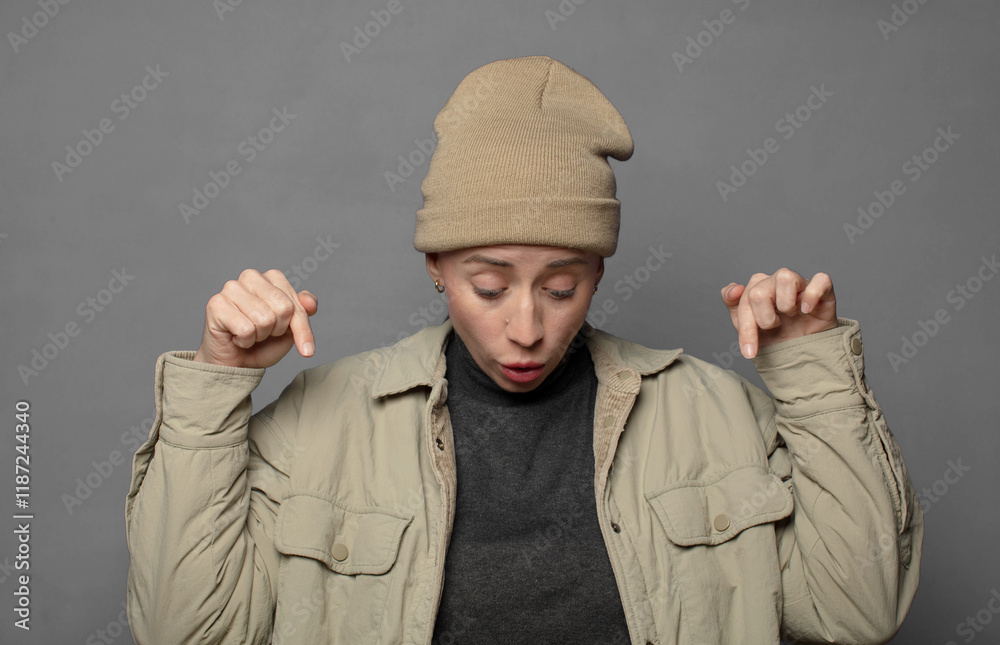 with open mouth pointing downwards with both hands, looking shocked, amazed and surprised with open mouth pointing downwards with both hands, looking shocked, amazed and surprised