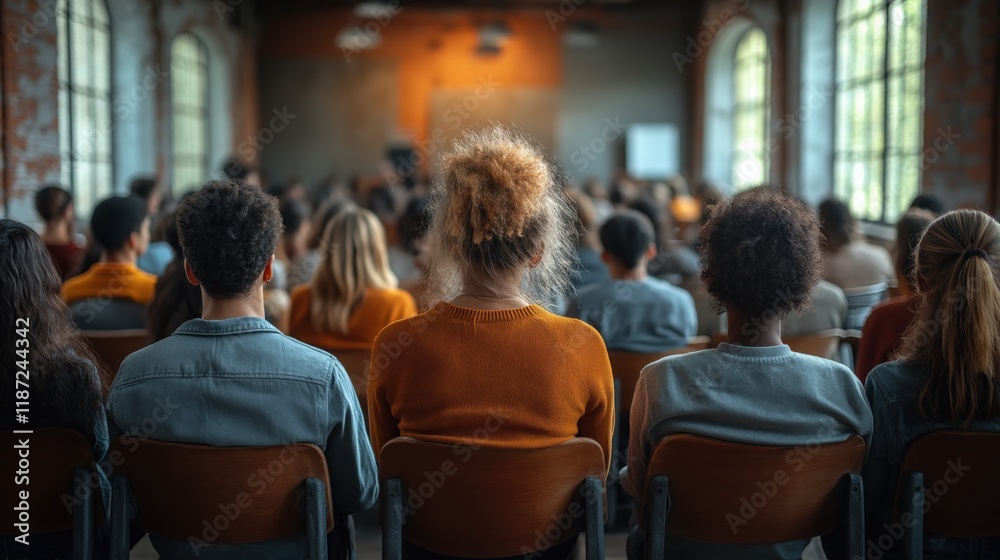 diverse group of individuals is seated in a cozy, well-lit room, attentively focusing on a speaker at the front. setting is warm and inviting, fostering community engagement and dialogue diverse group of individuals is seated in a cozy, well-lit room, attentively focusing on a speaker at the front. setting is warm and inviting, fostering community engagement and dialogue