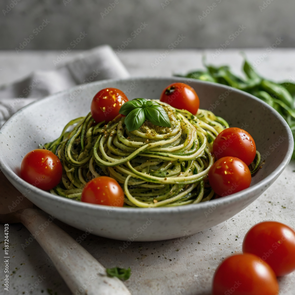 Zucchini Noodles in a Bowl with Cherry Tomatoes and Pesto Zucchini Noodles in a Bowl with Cherry Tomatoes and Pesto