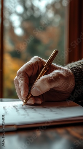 Wallpaper Mural Elderly Hand Writing with Gold Pen Near Window: Embracing Wisdom and Reflection Torontodigital.ca
