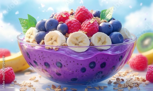 Colorful smoothie bowl with berries and granola,  healthy breakfast, sunny day photo