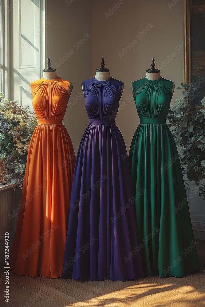 Elegant Evening Gowns Displayed on Mannequins in Sunlit Room Elegant Evening Gowns Displayed on Mannequins in Sunlit Room